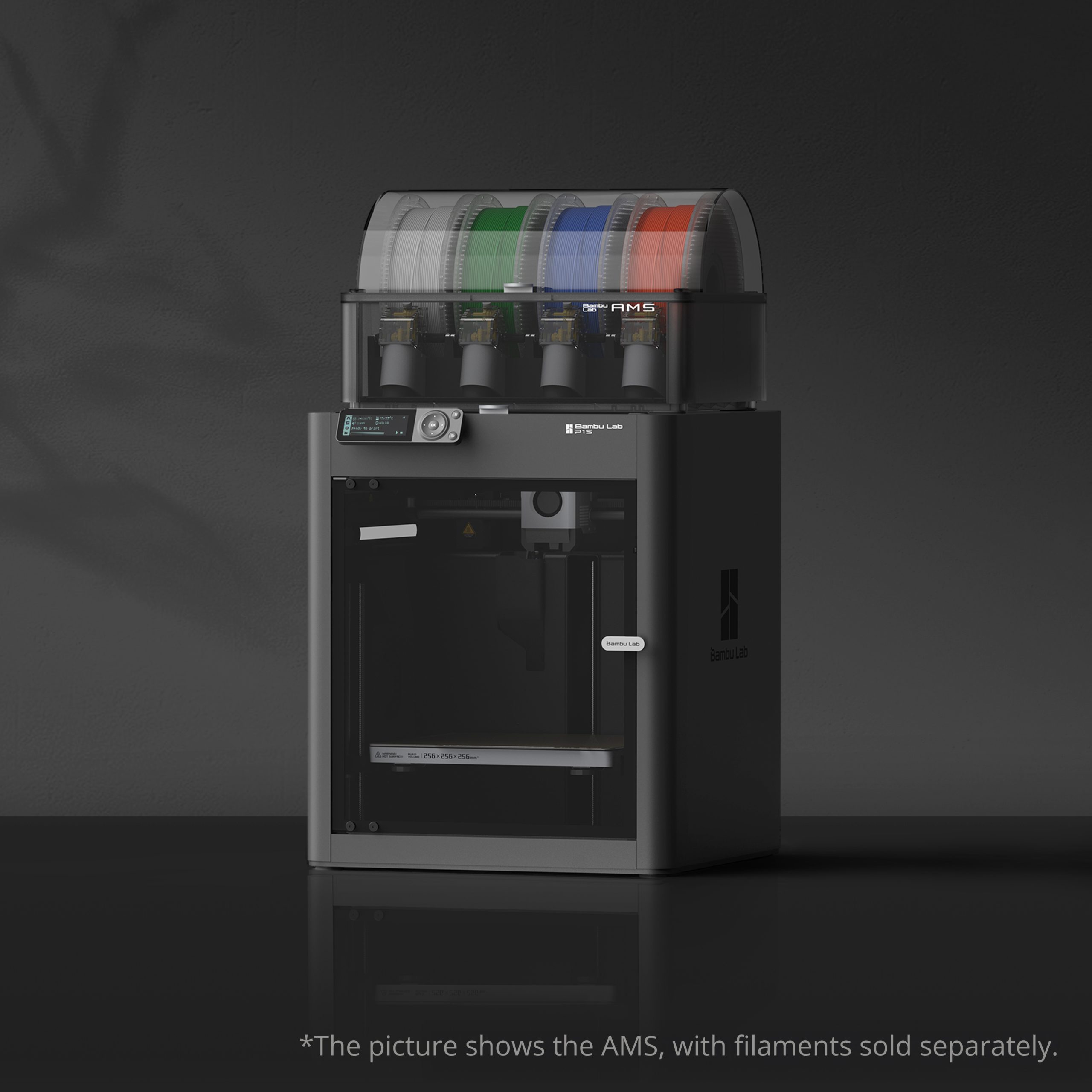 Bambu Lab P1S printer shown with AMS and filament spools